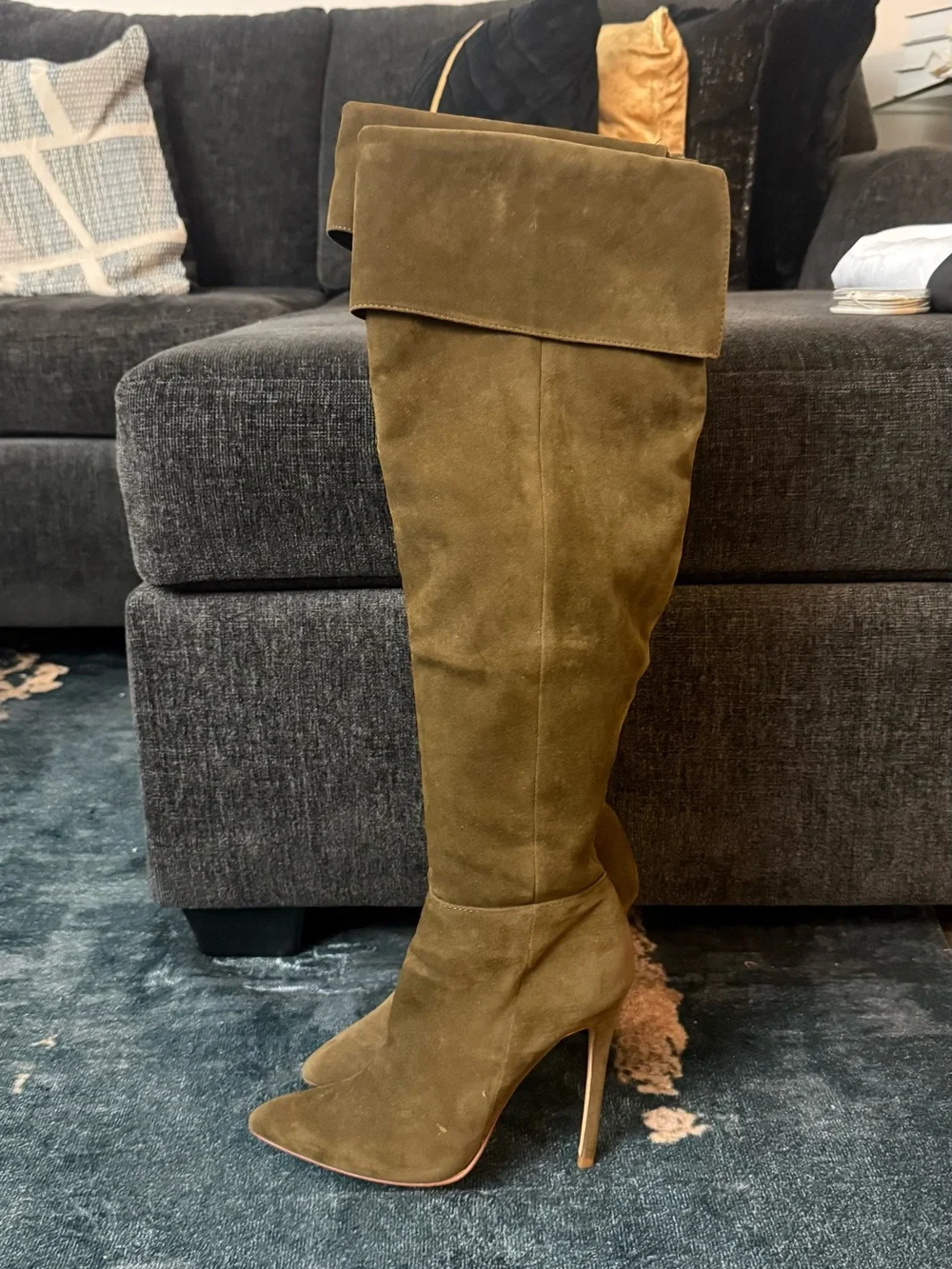 Women's Olive Green Over-the-Knee Suede High-Heel Boots